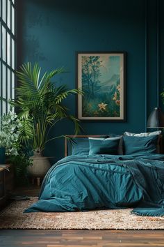 a bedroom with teal walls and wooden flooring is pictured in this image, there are potted plants on the far side of the bed