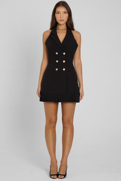 For those looking to elevate their wardrobe, meet our new Palmer Pleated Mini Dress. Designed with a premium quality crepe fabric, this straight shift silhouette effortless falls down to a drop waist pleated hemline. The lapel halter neckline complimented with the functional gold hardware buttons make this the perfect transitional dress from day to night. We love it paired with sheer black tights and slingback pumps for a completed look. Hardware Buttons, Sheer Black Tights, Fall 24, Pleated Mini Dress, Bustier Dress, Weekend Outfit, Crepe Fabric, Halter Neckline, Black Tights