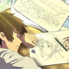 an anime character is drawing on paper with a marker and pen while another person looks at it