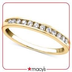 a yellow gold wedding ring with diamonds on the side and an inscription that says macy's