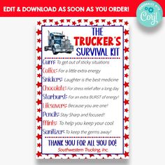 the trucker's survival kit is shown in red, white and blue