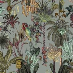 a tropical wallpaper with birds, palm trees and other plants on a gray background