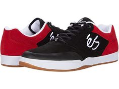 eS Swift 1.5 - Men's Skate Shoes : Black/Red/White : Bring some new color to your casual looks wearing the éS Swift 1.5 featuring a lighter style skate shoe so versatility from school to skating comes easily with this classic lace-up style skate shoe. Inspired By éS heritage. Premium quality suede upper for longevity and style. Hidden lace loops. Thermothane toe cap. Silicone embossed accent for added durability and lace protection. Lycra spandex tongue stabilizers. STI molded energy foam footbe Suede Lace-up Skate Shoes For Skateboarding, Lace-up Skate Shoes With Gum Sole, Casual Skate Shoes With White Sole, Red Casual Skate Shoes For Skateboarding, Casual Red Skate Shoes For Skateboarding, Casual Suede Skate Shoes, Casual Lace-up Skate Shoes For Skateboarding, Suede Skate Shoes With White Sole, Lace-up Suede Skate Shoes For Skateboarding