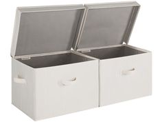 two white storage bins with handles on each side, one open and the other closed