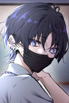 an anime character with black hair and blue eyes wearing a bandanna around his neck