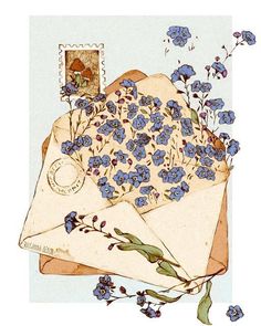 an envelope with blue flowers on it