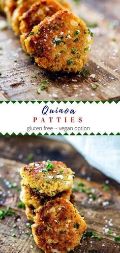 quinoa patties are stacked on top of each other, with parsley