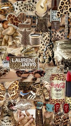 a collage of leopard print items including sunglasses, lipstick, and other animal prints