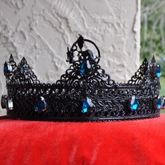 "Black Dragon Crown Black Crown King Crown Black Mens Crown Gothic Black Gothic crown Halo Crown Mens Crown Halloween Crown Tiara Customized This is great handmade medieval style crown. Unique design and fine jewelry quality of work. Great accent for kings or queens or other noble character, great accessory for both events and regular usage. - Crown is made to fit head circumference, please measure the size as it showing on a picture. - Choose stones colors you like - Higher point 3.2\" ( 9 cm) Ready to ship" Black Fantasy Costume Accessories For Larp, Black Tall Crown For Festival, Gothic Tall Crown For Costume, Medieval Black Costume Accessories For Party, Black Medieval Costume Accessories For Costume Party, Black Medieval Costume Accessories For Parties, Black Fantasy Festival Crown, Black Fantasy Crown For Costume Party, Black Crown For Cosplay