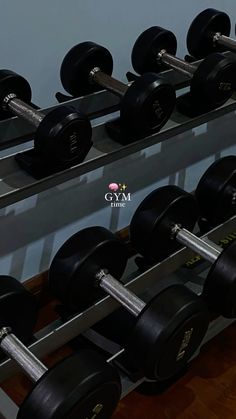 there are many black dumbbells on the rack in this gym room, and one is empty