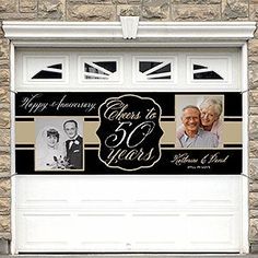 a garage door with two photos on it and the words happy anniversary to 50 years