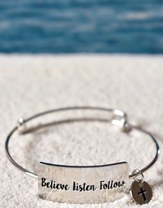 Believe Listen Follow Bangle Bracelet Inspirational Sterling Silver Nickel-free Bracelets, Inspirational Personalized Adjustable Charm Bracelet, Personalized Inspirational Adjustable Charm Bracelet, Inspirational Adjustable Personalized Charm Bracelet, Personalized Adjustable Inspirational Charm Bracelet, Meaningful Adjustable Charm Bracelet, Inspirational Silver Stainless Steel Bracelets, Adjustable Stainless Steel Bangle Charm Bracelet, Inspirational Adjustable Hand Stamped Jewelry