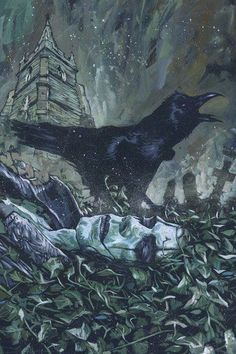 a painting of two black crows in the grass and one is laying on its side