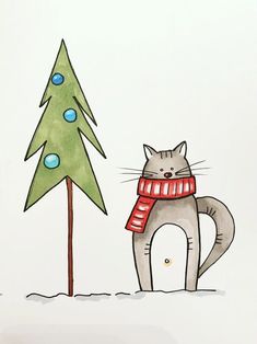 a drawing of a cat wearing a scarf next to a christmas tree with a snowman on it