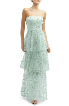 Dessy Collection Sequin Embroidered Strapless Tiered Gown | Nordstrom Midi Gown, Tiered Gown, Dessy Collection, Floral Bustier, Bride Gown, Alfred Sung, Floral Corset, Trumpet Gown, Black Tie Dress