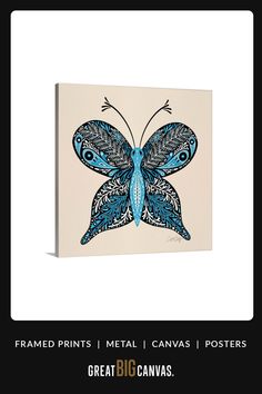 a blue and black butterfly on a white background with the words, framed prints metal canvass