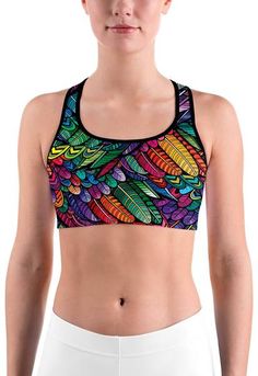 Colorful Feathers Sports bra Sports Bra Pattern, Skull Leggings, White Sports Bra, Legging Outfits, Womens Leggings, Plus Size Leggings, Sport Bra, Intense Workout, Ethnic Fashion