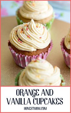 orange and vanilla cupcakes with white frosting