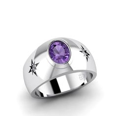 Oval Gemstone Men's Ring 925 Silver Wide Engagement Band | JFM – J F M Amethyst Wedding Ring, Modern Mens Rings, Amethyst Wedding Rings, Amethyst Wedding, 50th Anniversary Gifts, Mens Anniversary Gifts, Engagement Bands, Men's Ring, February Birth Stone