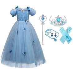 Princess Fancy Cinderella Party Dress Bump baby and beyond Cinderella Party, Blue Crown, Kids Party Dresses, Blue Party Dress, Dresses Kids Girl, Girl Pattern, Cotton Lace, Little Princess