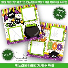 two halloween themed scrapbook pages with cute witches and bats on them, one is blank for