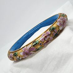 Champleve Cloisonne Asian Bangle Bracelet Floral Turquoise Blue Enamel 7 3/4" Hand Painted Gold Bracelet, Adjustable Hand Painted Gold Bracelet, Hand Painted Bohemian Bangle Jewelry, Bohemian Hand-painted Bangle Jewelry, Bohemian Hand Painted Bracelet Jewelry, Bohemian Hand Painted Bangle Jewelry, Multicolor Hand Painted Bangle Jewelry, Hand Painted Multicolor Bangle Jewelry, Traditional Hand Painted Bangle Bracelet