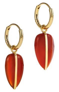 Hand-carved carnelian shape drop earrings glinting with 14-karat gold. 1 1/4" drop; 3/8" width Hinge with snap-post closure Carnelian/14k gold Imported Red Carnelian Teardrop Earrings, Drop Hoop Earrings, Fabric Gift Bags, Keep Jewelry, Fabric Gifts, Anniversary Sale, Print Gifts, Fathers Day Gifts, Mood Board