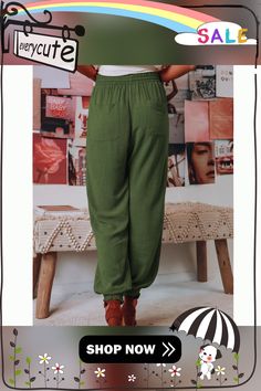 Army Green Drawstring Elastic Waist Pocket Harem Pants Green Fall Leisure Bottoms, Casual Green Relaxed Fit Harem Pants, Baggy Green Bottoms With Drawstring, Trendy Summer Joggers With Elastic Waistband, Non-stretch Harem Pants With Elastic Waistband For Leisure, Baggy Green Sweatpants For Summer, Green Drawstring Bottoms For Fall, Wide Leg Summer Joggers With Pockets, Summer Baggy Green Sweatpants