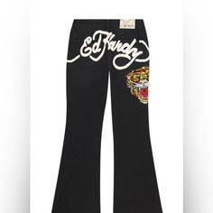 Wide Leg Black Jeans. Sz 30, Never Worn. Comes From A Smoke Free, Pet Free Home Black Graphic Print Jeans, Wide Leg Black Jeans, Fire Outfits, 2000s Jeans, Ed Hardy Jeans, 2000s Fashion Outfits, Painted Clothes, Birthday List, Virtual Closet