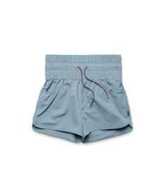 a pair of blue shorts with purple thread on the front and side, against a white background