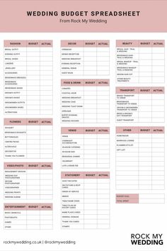 Wedding Budget Spreadsheet PDF Download - Rock My Wedding weddingplanning101 #weddingbudgetadvice #digitalplanners #plannerdesignlayout🤲 Wedding Cost Break Down, Wedding Budget Break Down, Wedding Planning Checklist Detailed, Wedding Spreadsheet, Wedding Budget Spreadsheet, Wedding Organiser, Wedding Checklist Budget, Wedding Planning List, Wedding Budget Breakdown