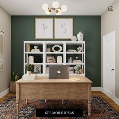 a desk with a laptop on it in front of a bookcase and bookshelf