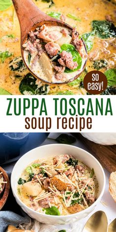 the recipe for zuppa toscana soup in a white bowl