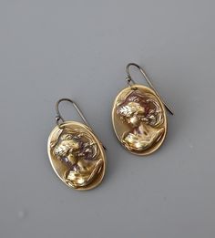 "Vintage Jewelry - Vintage Earrings - Art Nouveau Earrings - Brass Cameo Earrings - Chloe's Vintage Handmade Jewelry Beautiful vintage brass Art Nouveau earrings with a cameo design of a women's profile. Chloe says, Wear them and feel fabulous!\" They measure 1 1/4\" long and 3/4\" wide. Thanks for visiting Chloe's" Cameo Drop Earrings For Formal Occasions, Victorian Cameo Yellow Gold Earrings, Art Nouveau Gold Pierced Earrings, Gold Art Nouveau Pierced Earrings, Victorian Style Pierced Brass Earrings, Gold Cameo Round Earrings, Victorian Oval Pierced Earrings, Ornate Bronze Earrings, Nickel-free Art Nouveau Earrings As Gift