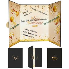 an open celebration card with balloons and confetti on the front, in gold foil