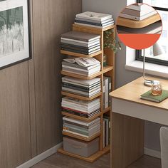 a room with a desk, chair and bookshelf full of books next to a window