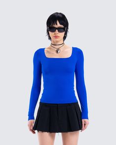 Make them water in this blue long sleeve top 😛 With a simple, yet striking look, this top is made from double-lined stretch jersey fabric and is complete with a square neckline and fitted style for the perfect everyday essential 💙 Fitted Long Sleeve Shirt, Blue Long Sleeve Top, Blue Long Sleeve Tops, Fitted Long Sleeve, Fitted Style, Cargo Pant, Blue Long Sleeve, Square Necklines, Square Neckline