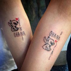 two people with matching tattoos on their legs that say i love you and ohana