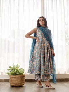 Trendroots offers the best deal for designer, Kusha - Blue Floral Printed Cotton Anarkali Set (Set of 3) with the highest quality and affordable price. Ajio Dresses For Women, Cotton Anarkali, Matching Pajama, Cotton Outfit, Matching Pajamas, Indian Designer, Indian Designer Wear, Hand Work, Designs Ideas