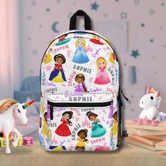 This personalized princess backpack and blanket are the perfect custom Christmas, birthday, or back to school gifts for a toddler girl. Customize with the child's name.  This is not a set. All items sold separately. Props in pictures are for styling purposes only and are not included with purchase. ABOUT OUR BACKPACKS * Strong and durable 100% polyester fabric retains its shape and dries quickly  * Lightweight and waterproof * Adjustable shoulder straps * Padded back and straps * Blank name tag Princess Backpack, Toddler Girl Gifts, Adult Blanket, Custom Kids, Sewing Tags, School Gift, Soft Bristle Brush, Back To School Gifts, School Gifts