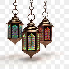 three hanging lamps with colorful lights on them, in the shape of arabic lanterns png