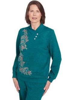 The timelessness of Alfred Dunner's paisley-embroidered sweater will never go unnoticed. Featuring a ribbed envelope neckline with added buttons and ribbed long sleeves to keep you warm. | Alfred Dunner Women's French Quarter Paisley Embroidered Envelope Neck Sweater, Large Embroidered Sweater, Alfred Dunner, French Quarter, Neck Sweater, Sweater Outfits, Paisley, Envelope, Clothes For Women, Long Sleeve