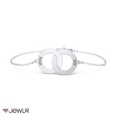 The perfect symbol of endless love, create a one-of-a-kind look with this beautiful interlocking circles bracelet. Design a meaningful gift for yourself or someone special by personalizing each circle with an engraved name or date. Great for layering or wearing on its own, this bracelet is customizable in sterling silver, white, yellow, or rose gold and includes a spring-ring clasp and a 1-inch extender for the right fit. Elegant White Gold Name Bracelet With Engraving Option, Personalized Round Bracelet For Promise, Personalized Round Bracelets For Promise, Personalized Round Promise Bracelet, Modern Personalized Jewelry For Promise, Modern Personalized Promise Jewelry, Elegant Sterling Silver Circle Bracelets, Sterling Silver Name Bracelet With Engraving For Anniversary, Elegant Name Bracelet With Engraving For Mother's Day