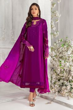 Rosette Glamorous Designer Dresses With Dupatta, Glamorous Designer Georgette Dresses, Hand Embellished Long Sleeve Blouse, Glamorous Eid Dress With Dupatta, Glamorous Dress With Dupatta For Eid, Glamorous Designer Dresses For Eid, Elegant Embellished Georgette Sets, Long Sleeve Georgette Blouse With Sequins, Glamorous Festive Dresses With Dabka Work