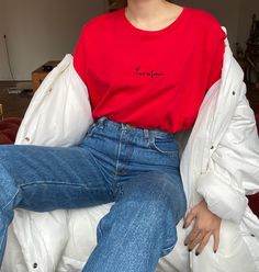 "\"Love Me Forever\" embroidered shirt -Model is wearing XL * 100% combed and ring-spun cotton * Fabric weight: 4.2 oz (142 g/m2) * Pre-shrunk fabric * Shoulder-to-shoulder taping * Side-seamed Care instructions: * Machine wash cold, inside-out, gentle cycle with mild detergent and similar colors. Use non-chlorine bleach, only when necessary. No fabric softeners * Tumble dry low, or hang-dry for longest life * Cool iron inside-out if necessary. Do not iron decoration * Do not dry clean" Trendy Long Sleeve T-shirt With Embroidered Text, Long Sleeve Cotton Shirt With Embroidered Text, Oversized Casual T-shirt With Embroidery, Oversized Casual Embroidered T-shirt, Casual Oversized Embroidered T-shirt, Casual Red Embroidered T-shirt, Cotton Long Sleeve Shirt With Embroidered Text, Trendy Embroidered Cotton Shirt, Casual Red Top With Embroidered Text