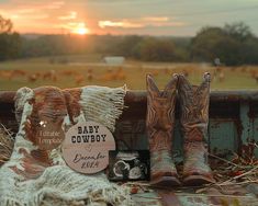 two cowboy boots sitting on top of a rusted metal rail