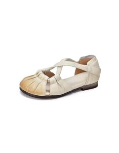 Cross Strap Comfortable Leather Retro Flat Sandals — Obiono Spring Beige Flat T-strap Sandals, Casual T-strap Sandals With Low Heel, Beige Low Heel Flats For Summer, Beige Low Heel Summer Flats, White Leather Summer Flats, White Leather Flats For Summer, Summer Cream Flats With Low Heel, Beige Leather Flat T-strap Sandals, Casual Beige Low Heel Sandals