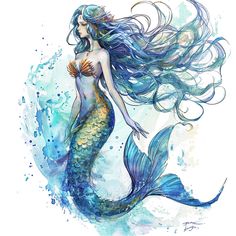 a watercolor painting of a mermaid with long hair