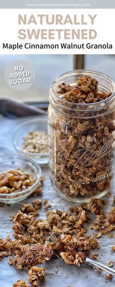 homemade maple cinnamon walnut granola in a glass jar