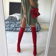 null Modest Night Out Outfit, Winter Outfits Red, Red Thigh High Boots, Night Out Outfit Classy, Red Suede Boots, Suede Thigh High Boots, Modest Winter Outfits, Thigh High Heels, Thigh High Suede Boots